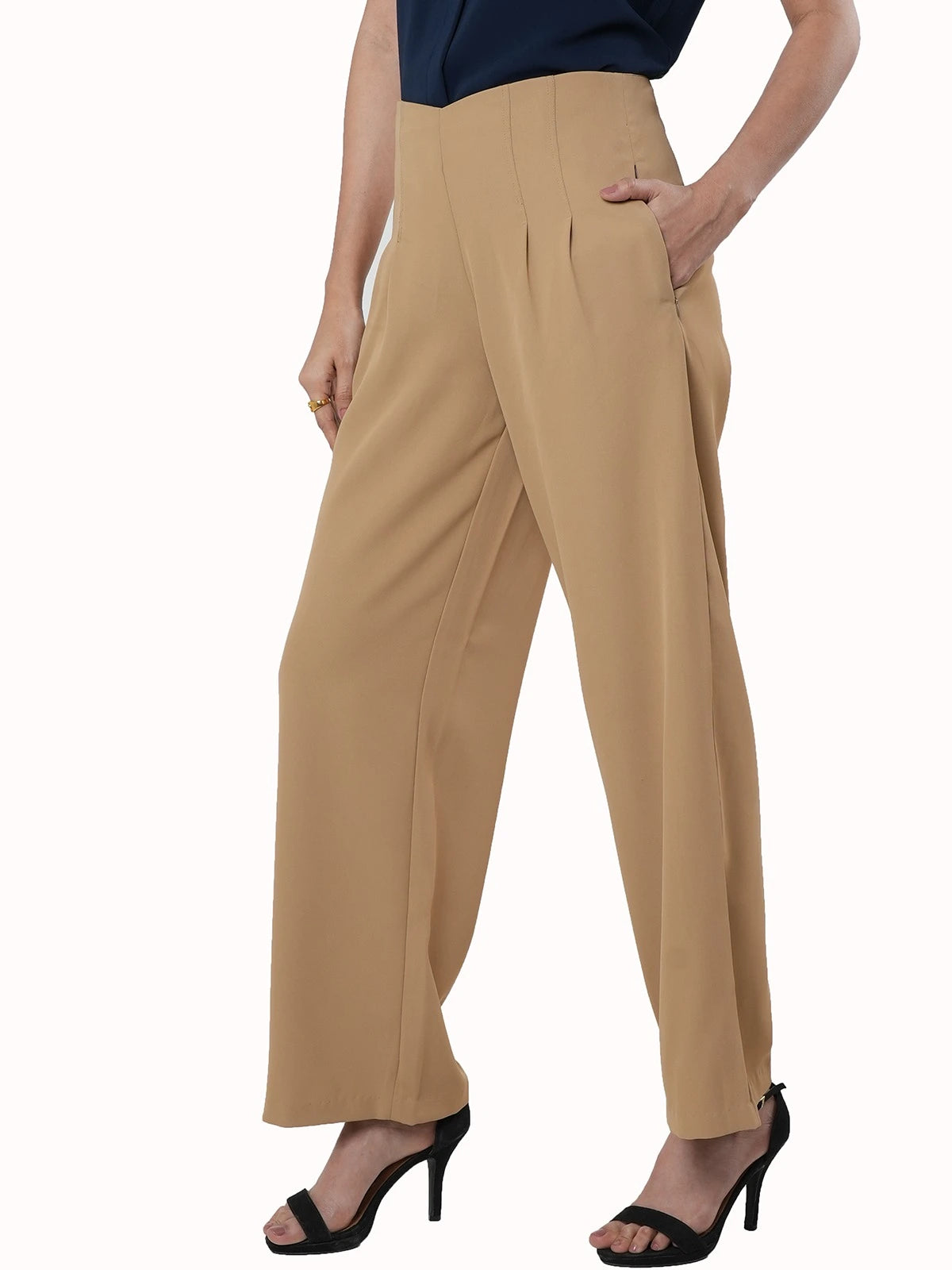 Beige Loose Fit Solid High-rise Trousers