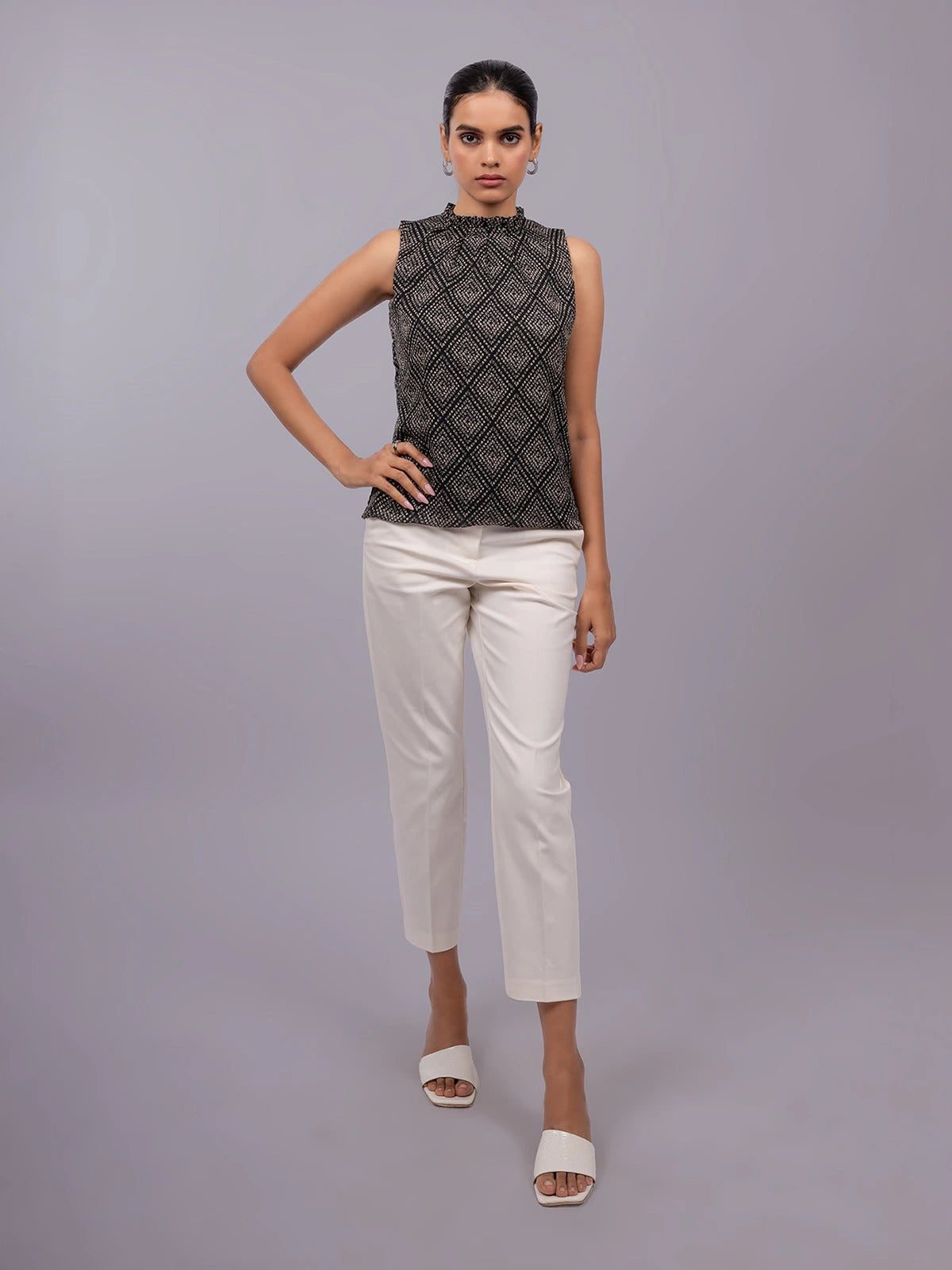 Black Printed High Neck Sleeveless Formal Top