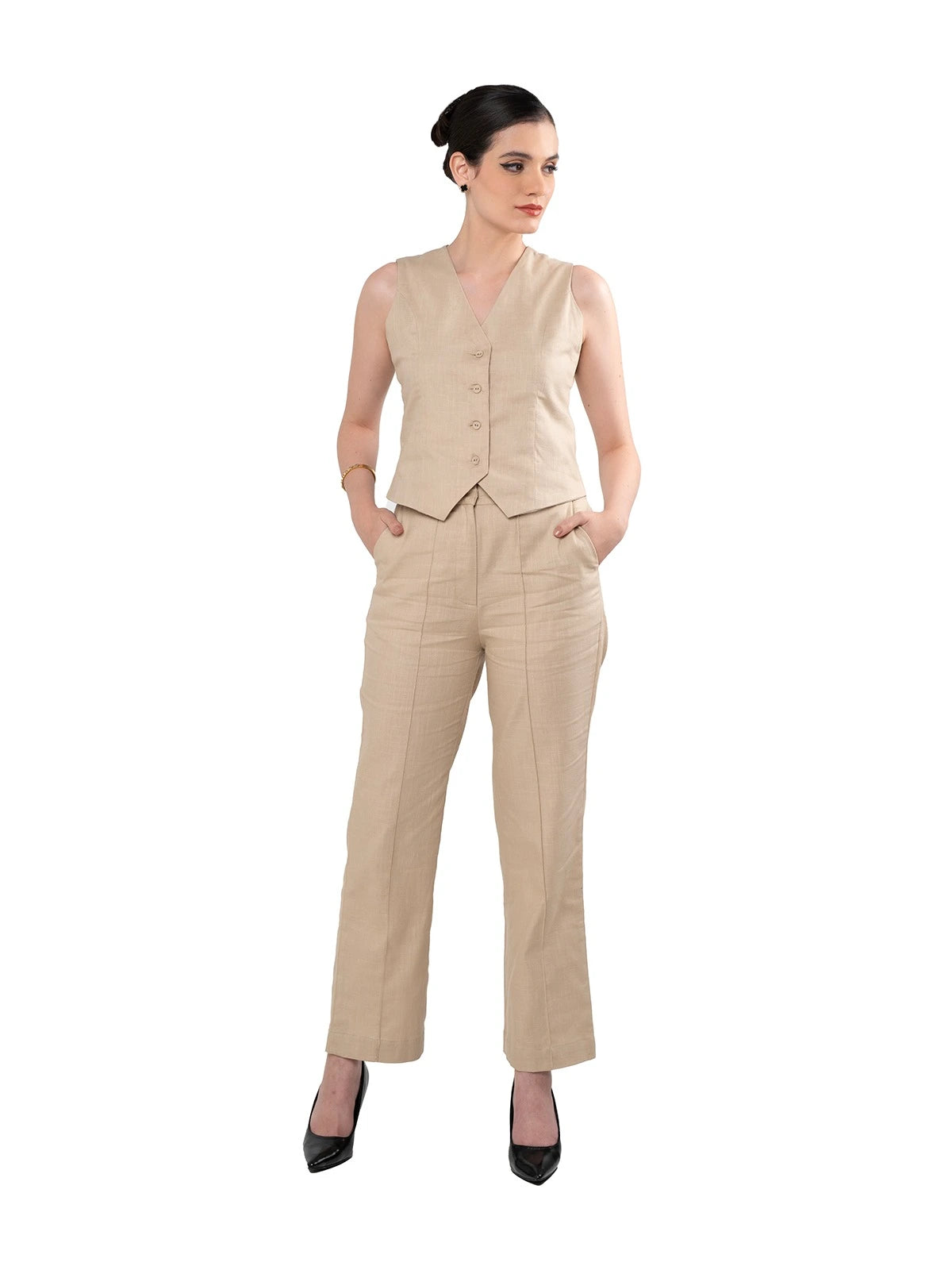 Beige Linen Blend Waistcoat Co-ord Set