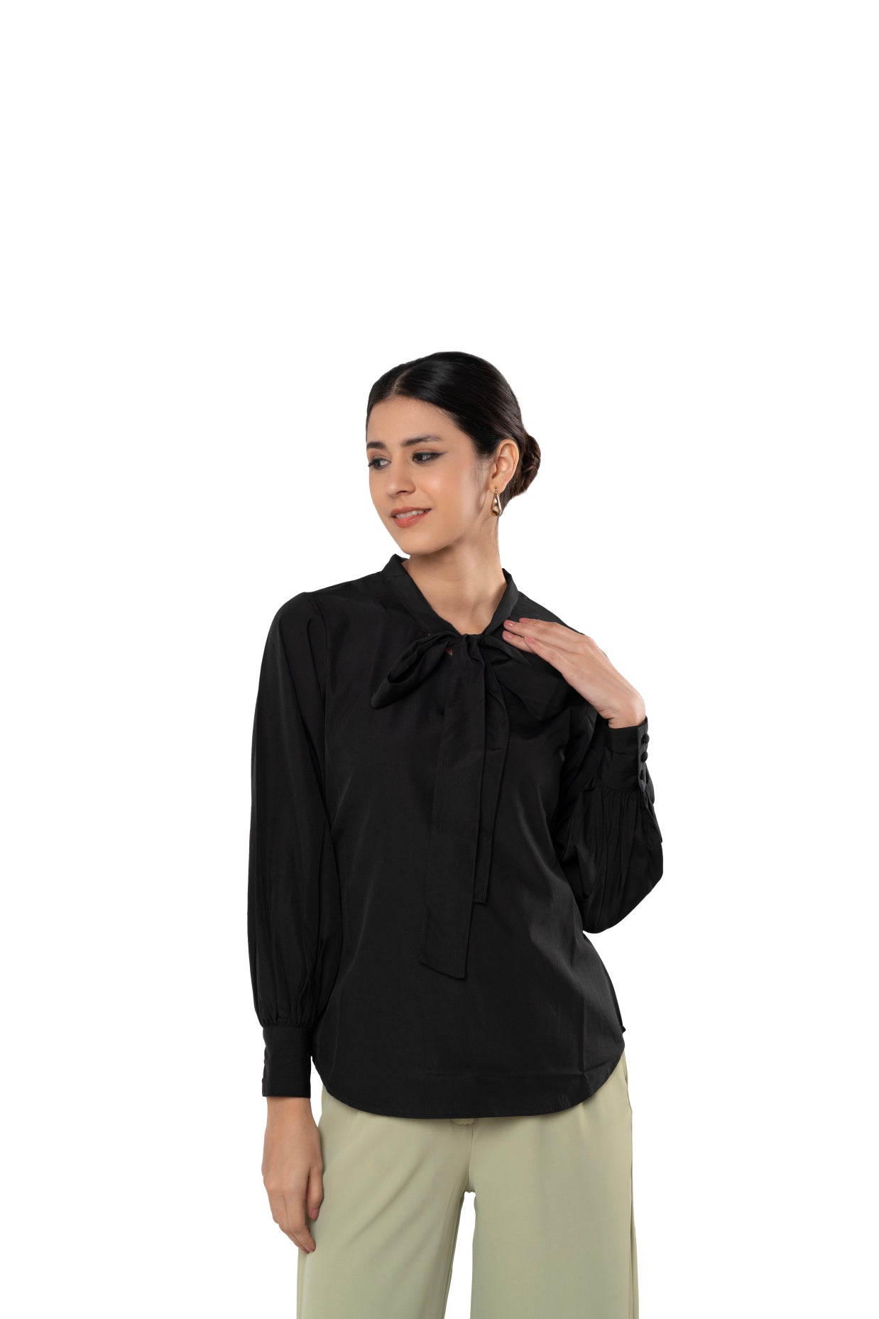 Black Crepe V-neck With Ties And Bishop Sleeve Top